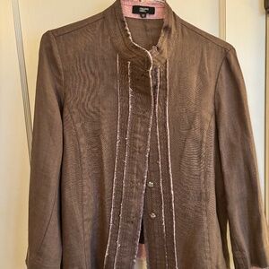 Philippe Adec Paris Brown Linen Frayed Edge Blazer Jacket